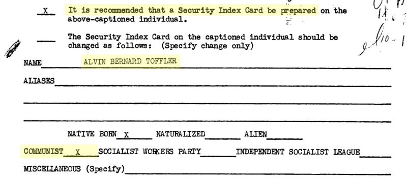 Excerpt from Alvin Toffler’s newly released FBI file, with highlighting by Gizmodo